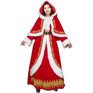 Women Red Santa Dress Suit Christmas Cosplay Hooded Cape